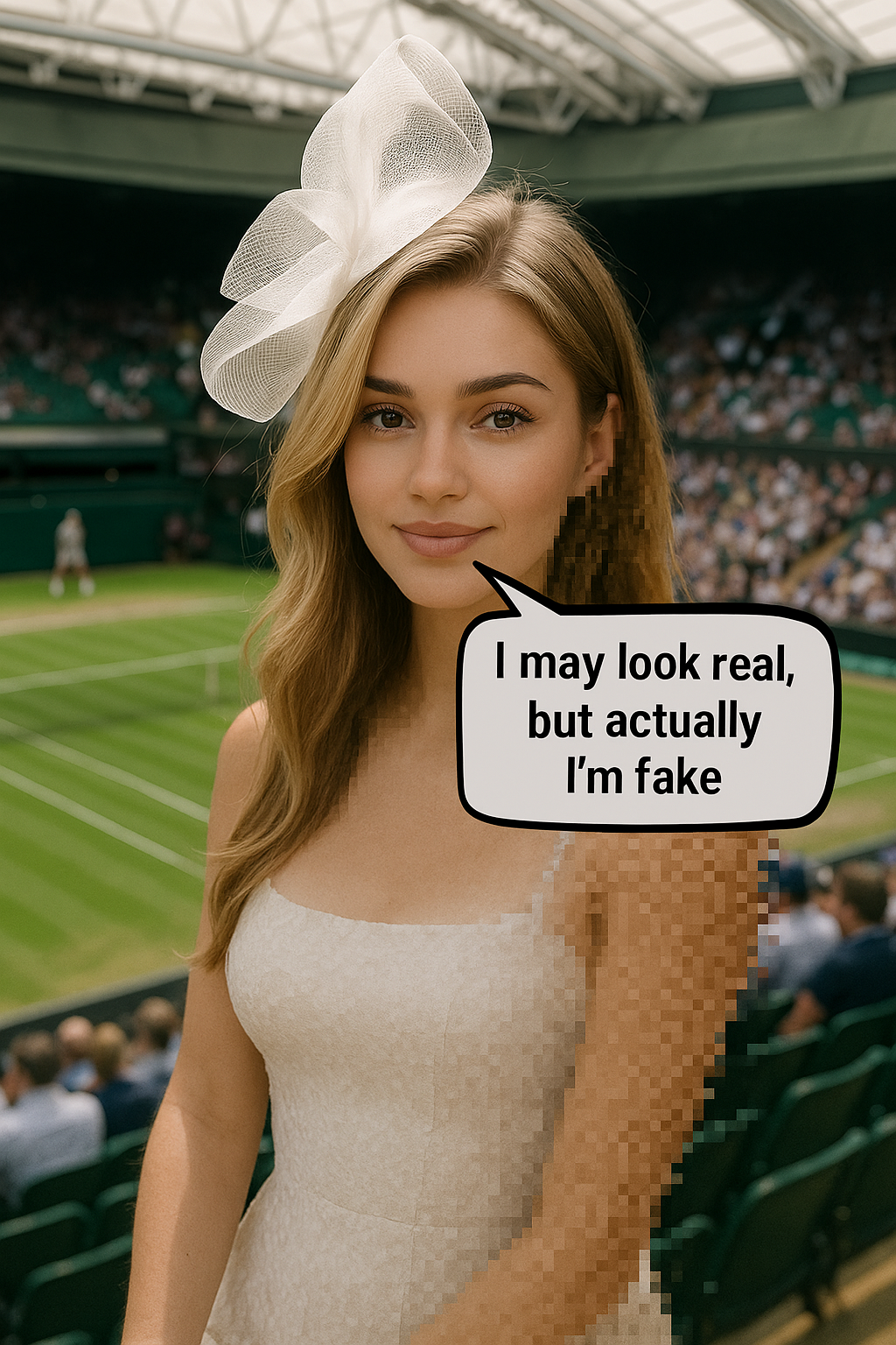 A digitally-created woman sitting at Wimbledon with a speech bubble saying “I may look real, but actually I’m fake,” as her right side transitions into digital pixels, revealing her artificial nature