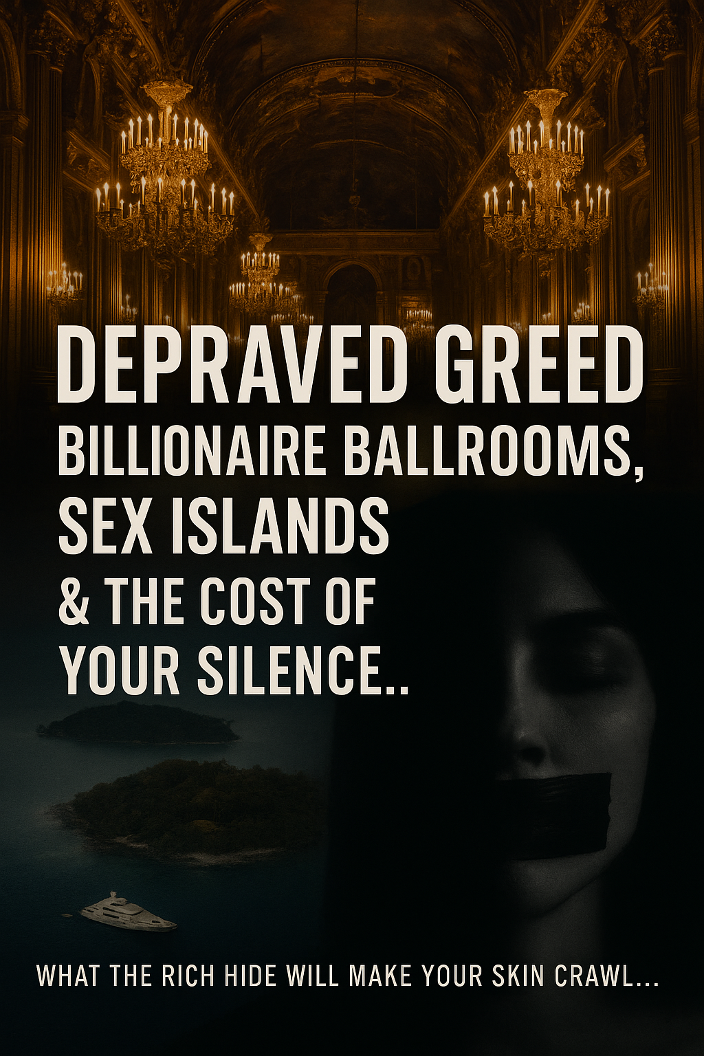 Collage of a golden billionaire ballroom, a private island with a yacht, and a silenced woman’s face, symbolizing wealth, secrecy, and exploitation.