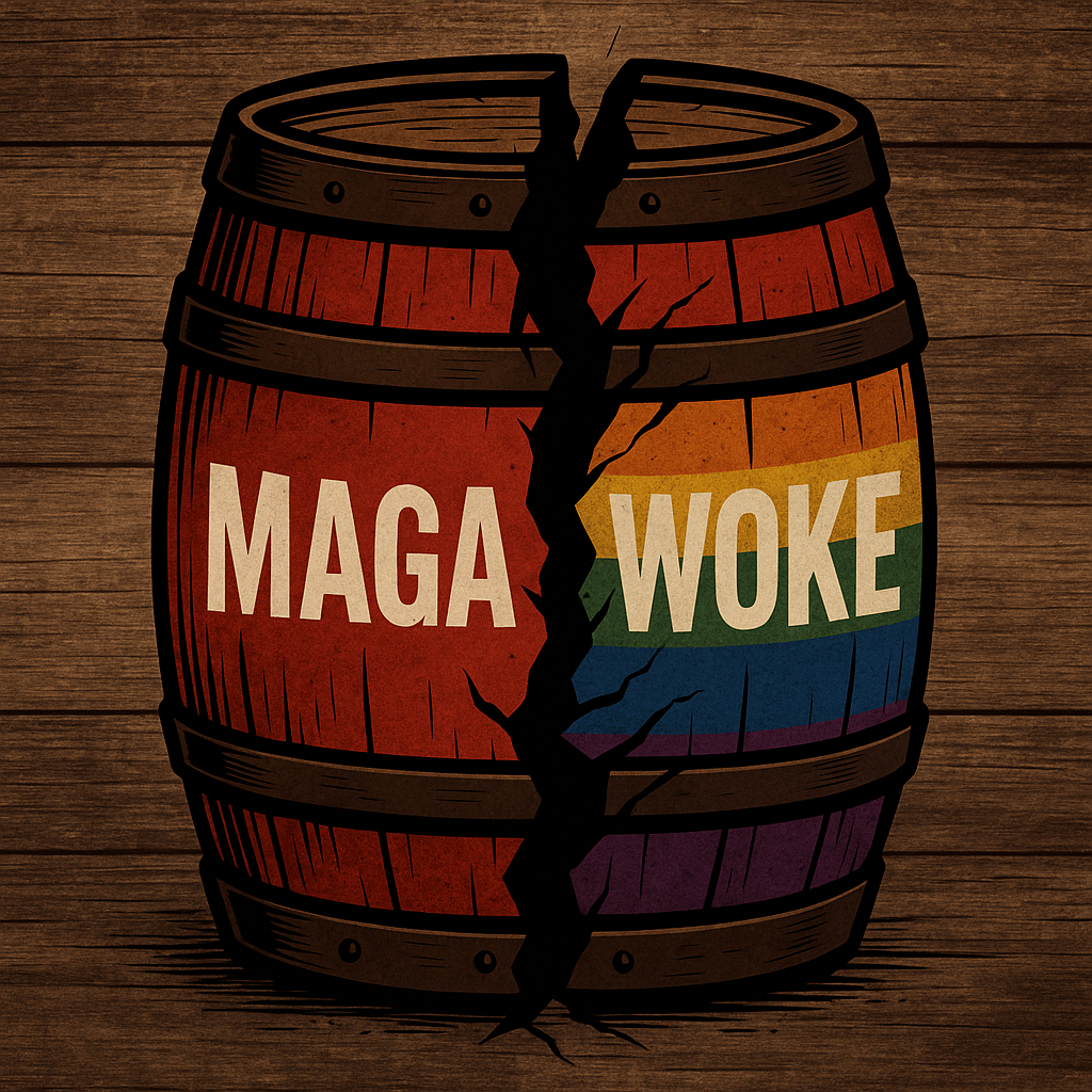 Wooden barrel split in half with 'MAGA' on the red left side and 'WOKE' on the rainbow-colored right side, symbolizing political and cultural division