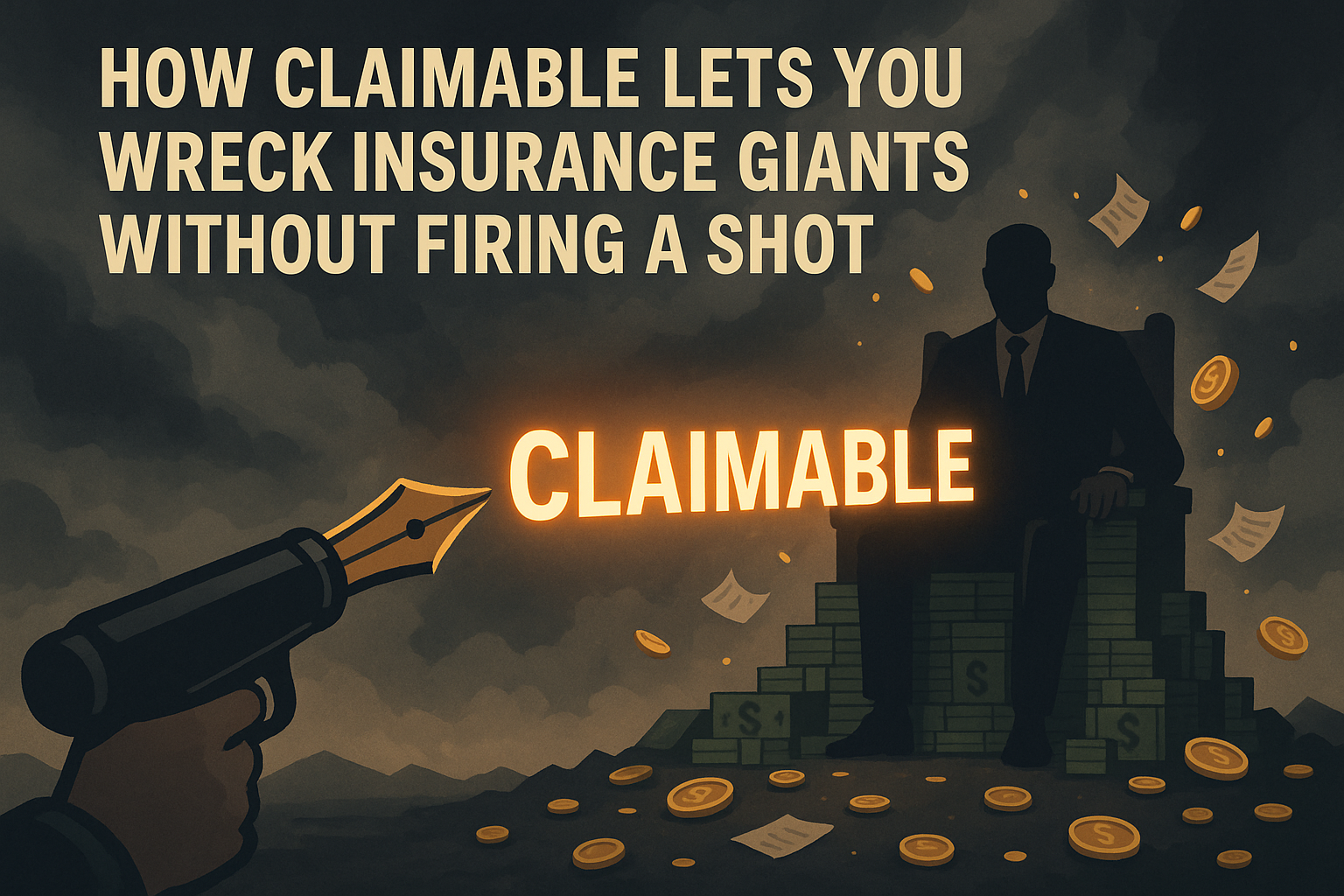 “Illustration of a giant fountain pen aiming at a faceless corporate figure sitting on a throne of money, with flying coins and contracts in a stormy sky. Title text: How Claimable Lets You Wreck Insurance Giants Without Firing a Shot.”