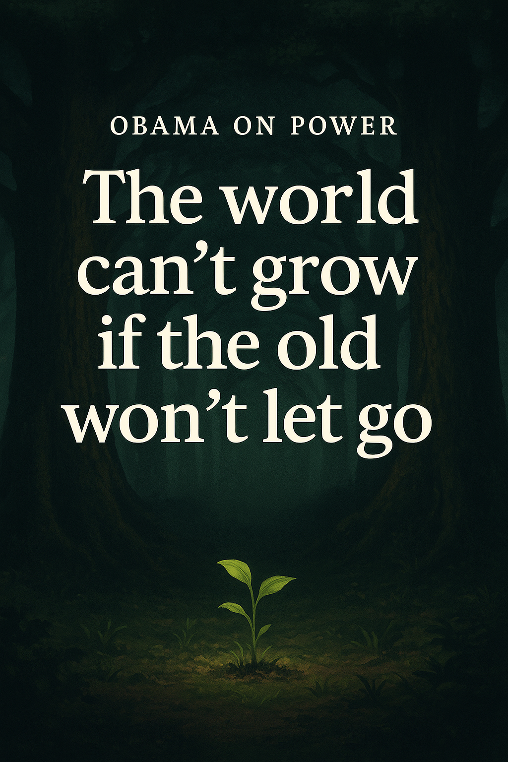 Forest scene with towering dark trees and a small sapling in sunlight, featuring the quote by Barack Obama: ‘The world can’t grow if the old won’t let go