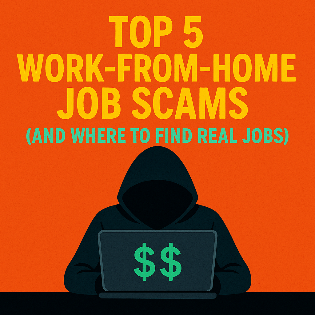 Hooded scammer silhouette behind laptop with glowing dollar signs, symbolizing job scams in 2025.