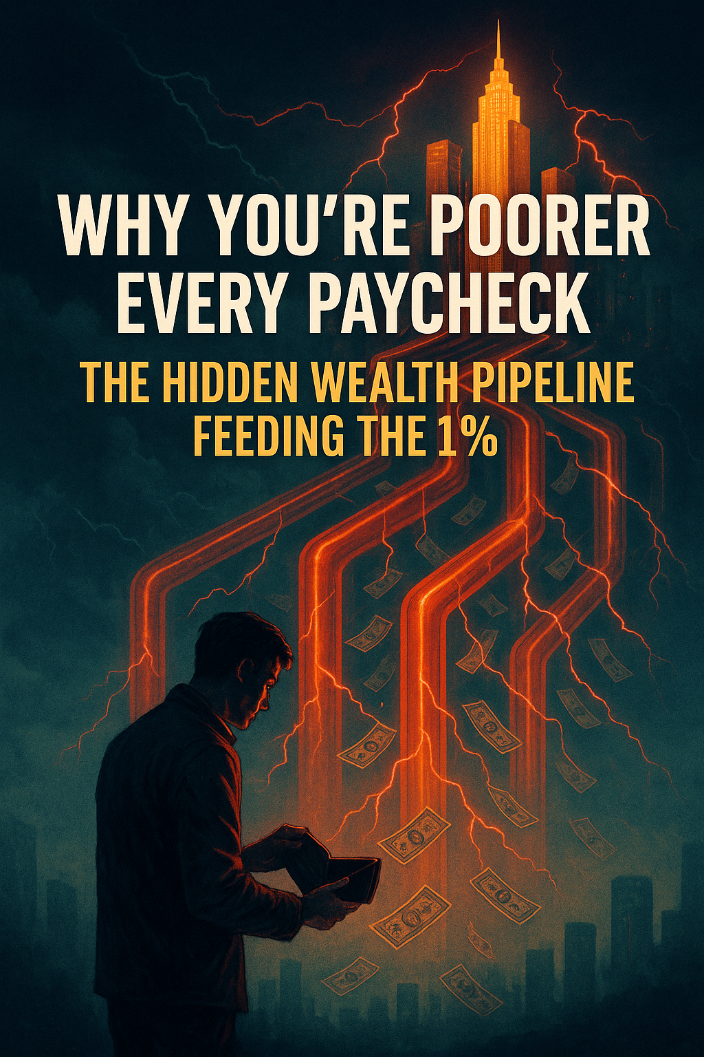A man stands in a dark city holding an empty wallet as glowing red pipelines carry streams of money upward toward a golden skyline, symbolizing wealth flowing to the top 1%.