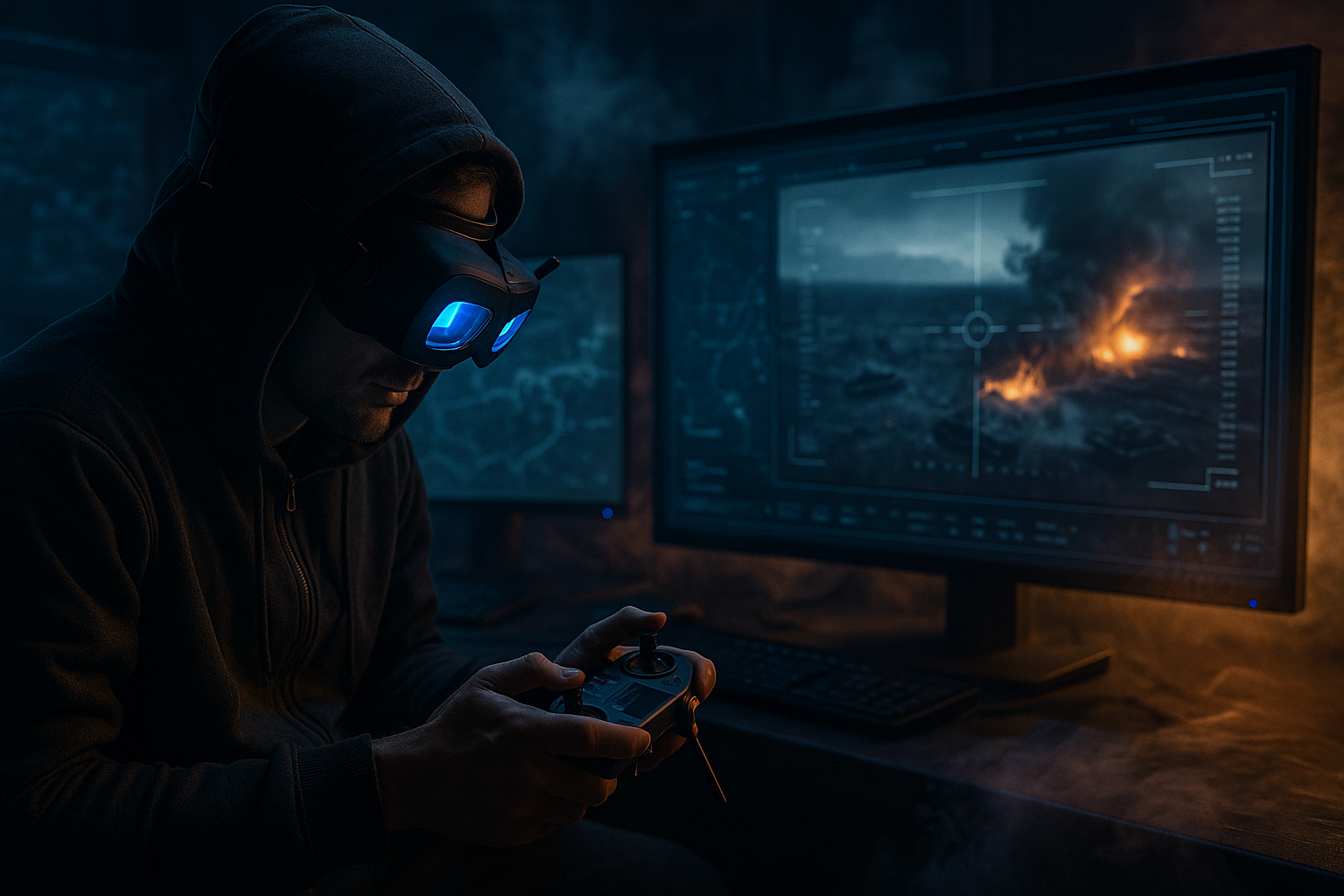 Ukrainian drone operator wearing glowing blue FPV goggles, controlling a drone from a dimly lit bunker surrounded by digital monitors showing Russian targets